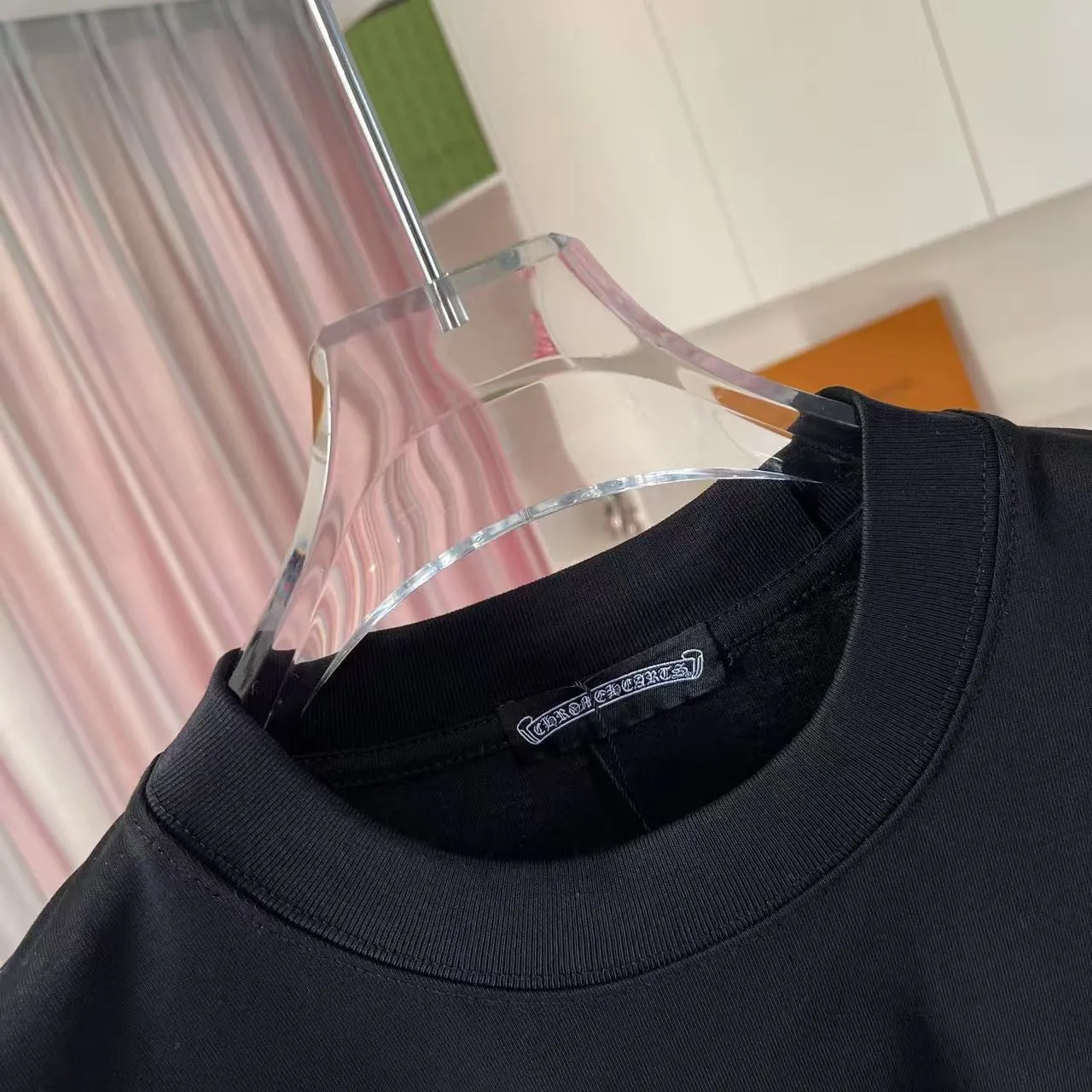 🅿️200 ch Cro* 2025 summer new style Sanskrit horseshoe cross cross vacuum embroidery short-sleeved t-shirt customized fabric 300g same style for men and women Size: S M L XL XXL Five codes Color: black white
